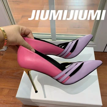 JIUMIJIUMI/ Новейшие весенние Женские туфли-лодочки из натуральной кожи, Модельные туфли на шпильке с острым носком, Женская дизайнерская обувь, Zapatos De Mujer