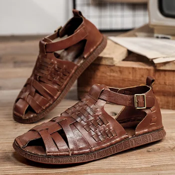 Летние модные дизайнерские кожаные сандалии на шнуровке Римские сандалии ручной работы для создания удобных и мягких пляжных сандалий на открытом воздухе