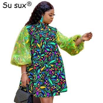 Африканские платья для женщин 2023, летнее сетчатое платье с пышными рукавами и принтом, Африканская одежда, халат Africaine Femme Partyclub