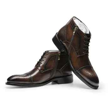 Модные мужские ботильоны из натуральной кожи на молнии Черно-коричневые Элегантные модельные ботинки Мужская официальная обувь Остроносые мужские ботинки Челси