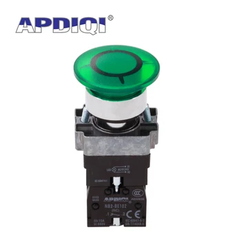 APDIQI 1шт XB2 С Легкой Металлической Грибовидной Кнопкой Самовосстановления Зеленый Красный Напряжение 220V24V12V380V 22 ММ Мгновенное