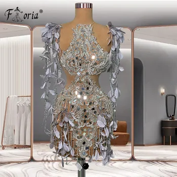 Великолепные Серебряные перья, кисточки, кристаллы, платья для выпускного вечера, Кружевное Прозрачное Короткое вечернее платье для выпускного вечера в Дубае