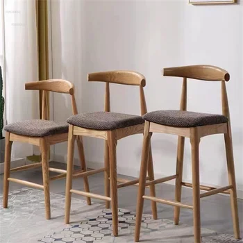Скандинавские барные стулья из массива дерева Бытовой барный стул Современная минималистичная барная мебель Высокие табуреты для кухни Барный стул со спинкой