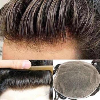 Мужской парик из швейцарского кружева, европейский оттенок, замена настоящих индийских человеческих волос для мужчин, шиньон натурального черного цвета