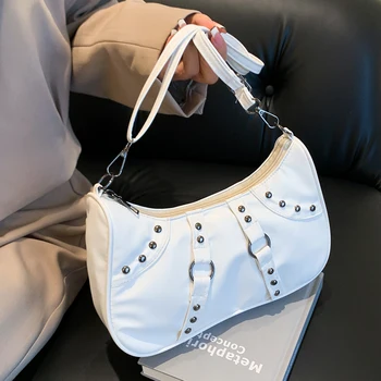 Женская модная женская сумка-клатч, повседневная крутая сумка-хобо с заклепками, индивидуальность, модная девушка, высококачественная однотонная сумка через плечо из искусственной кожи