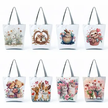 Сумки с растительным цветочным животным принтом, милые женские сумки с изображением кролика и кошки, большие сумки для покупок, дорожная пляжная сумка, уличная сумка через плечо, женская сумка