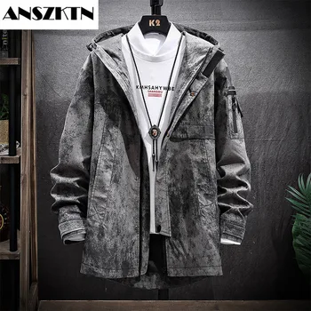 ANSZKTN 2021 новая куртка мужская корейская версия молодежного цветового блока, тренч средней длины, повседневная куртка с капюшоном, заменяющая
