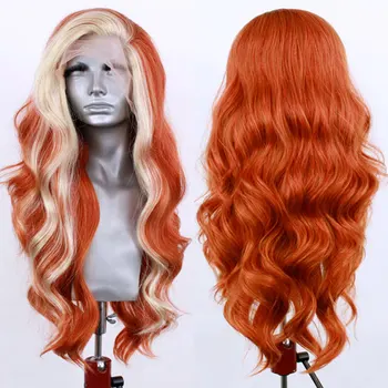 Синтетический парик на кружеве белого и оранжевого цветов, объемная волна, Термостойкие волокнистые волосы, натуральная линия роста волос, свободный пробор Для женских париков