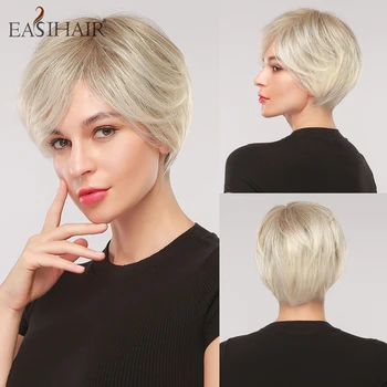 EASIHAIR Короткие Светлые Парики Белое Омбре Синтетические Волосы с Челкой Модный Натуральный Парик для Женщин Высокотемпературные Косплей Парики