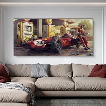 Винтажный автомобильный плакат Классический гоночный автомобиль Ferrari F1 Художественное Оформление стены Фотопечать Холст Картина Украшение дома Гостиной