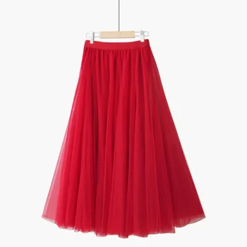 Летние классические длинные юбки в этническом стиле Ретро из 20 предметов, женские осенние однотонные красные плиссированные тонкие сказочные сетчатые юбки, женские