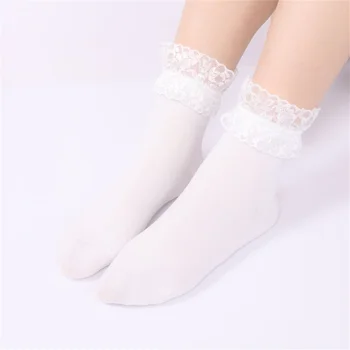 Женские кружевные носки в японском стиле, Хлопковые носки до щиколотки с оборками, дышащие короткие носки в стиле Лолиты, Милые студенческие носки ярких цветов