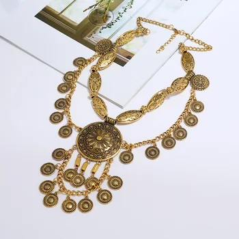 Винтажное желтое колье-чокер, женский классический сетчатый нагрудник с круглой монетой, ожерелья в стиле кисточек, ожерелье с макси-воротником