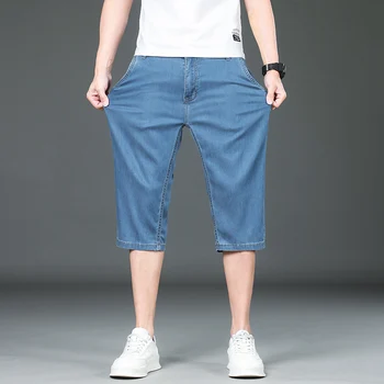 Повседневные мужские джинсовые шорты, летние Тонкие Удобные однотонные Классические прямые мешковатые джинсовые брюки, мужские укороченные короткие брюки