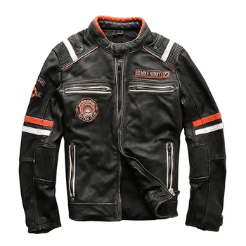 Модная уличная спортивная мотоциклетная куртка с воротником-стойкой из 100% натуральной воловьей кожи, мужская одежда