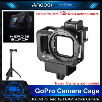 Клетка для Камеры Andoer для Экшн-камеры GoPro Hero 12/11/10/9, Защитная Клетка Для Видеоблога, Защитный Чехол для Видеоблога с Выдвижным Штативом Для Селфи-Палки