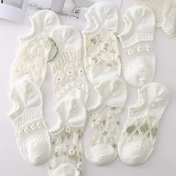 Женские летние Тонкие полые носки с кристаллами, прохладные дышащие цветы, Белые невидимые носки-лодочки, Сетчатые ультратонкие носки Calcetines Mujer