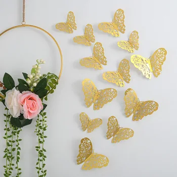 1 упаковка из 12 шт. 3d полых бабочек для украшения стен в гостиной, креативные наклейки с металлической текстурой, украшение комнаты