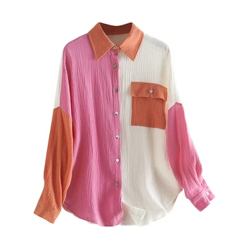 Женская рубашка на пуговицах с лацканами контрастного цвета, с длинным рукавом, Свободные повседневные топы для путешествий с карманом, весенне-летний модный V-образный вырез
