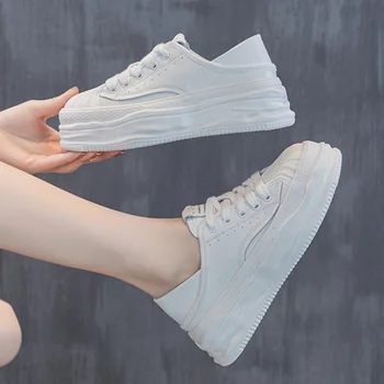 Кроссовки однотонные сетчатые туфли из искусственной кожи с перекрестным ремешком, круглый носок, плоская подошва, глубокий вырез на среднем каблуке (3-5 см), резина