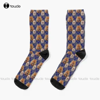 Померанский шпиц на синей собаке Носки для собак и щенков Футбольные Носки с цифровой печатью 360 °, подарочная уличная одежда на заказ, Забавные рисунки на носках
