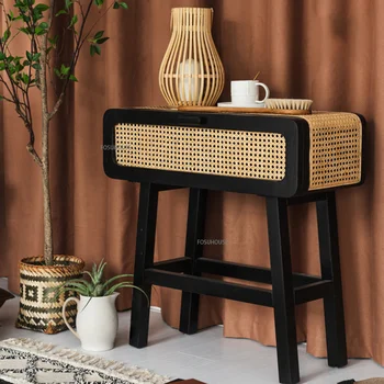 Мебель в скандинавском стиле, прикроватная тумбочка из массива дерева и ротанга для спальни, простая прикроватная тумбочка в стиле ретро для домашней гостиной, диван, приставной столик, шкаф