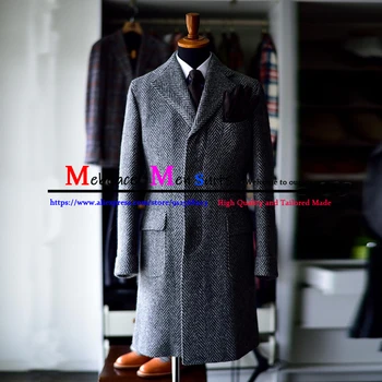 Серое мужское пальто с рисунком в елочку, Строгий деловой костюм, куртки, Твидовый Полушерстяной Толстый тренч, Зимнее Длинное пальто, Мужская одежда