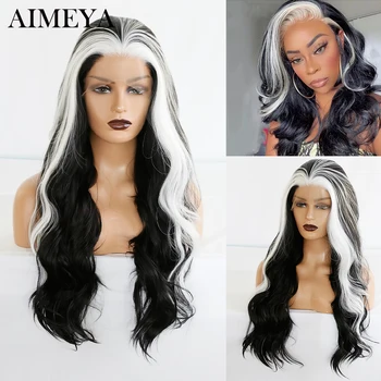 AIMEYA Highligh, Синтетический кружевной фронтальный парик, Натуральная линия роста волос, Кружевные парики для женщин, Черные / Белые парики для косплея, Термостойкое волокно
