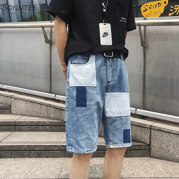 Джинсовые шорты Мужские Летние, Новое поступление, уличная одежда в стиле пэчворк длиной до колен, Универсальные Модные мужские брюки в стиле колледжа Harajuku