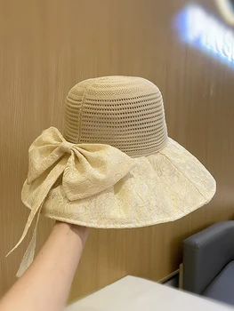 Онлайн знаменитость, рыбацкая шляпа с кружевным бантом, женская летняя складная солнцезащитная шляпа с широкими полями, дышащая солнцезащитная шляпа для бассейна.