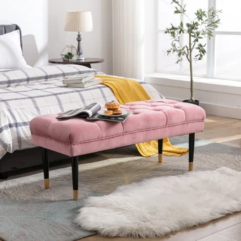 Пуфик-скамейка с пуговицами, обитые скамейки для спальни, Бархатная подставка для ног, табурет, акцентная скамейка для столовой и гостиной, розовый