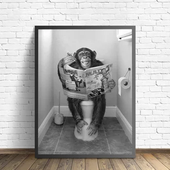 Животные, сидящие на унитазе, читающие газету, забавные принты для курения, изображение для декора стен ванной комнаты, Обезьяна, Горилла, плакат на стену туалета
