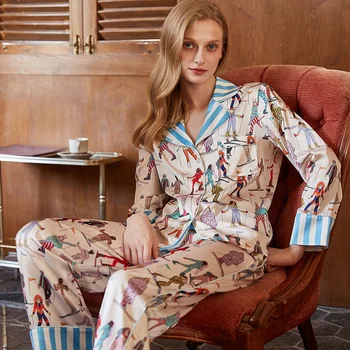 Пижама из шелка льда Женская пижама с отворотом Весна И лето Домашние костюмы с длинным рукавом Пижамные комплекты для женщин