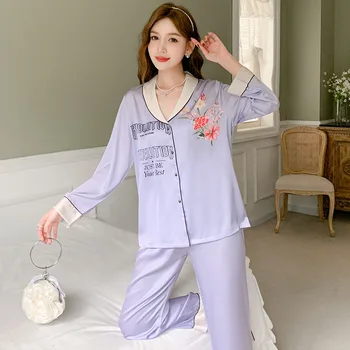 Женская фиолетовая пижама с цветочным принтом, Атласная пижама с длинным рукавом, Весенняя Одежда для отдыха, Повседневная домашняя одежда, ночное белье