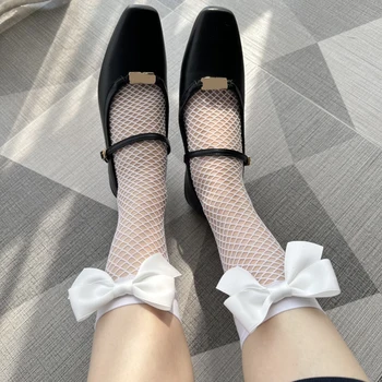 Сетчатые носки с бантиками для женщин, Сладкие Белые Чулки в сеточку, Сексуальные Черные Полые Короткие носки, Женская мода Весна Лето