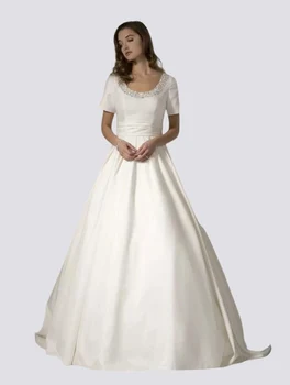 Винтажное бальное платье, скромные свадебные платья из крепа с короткими рукавами, расшитые бисером, с круглым вырезом, винтажные атласные свадебные платья