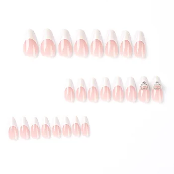 Светло-розовые накладные ногти с белым краем, защищающие от сколов, пятнистые накладные ногти для модных девушек, подходящие к платью.