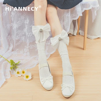 Кружевные носки для девочек HIANNECY Original, черные, белые, JK Calf, Лолита, Милые студенческие носки с большим бантом, Летние ультратонкие шелковые носки