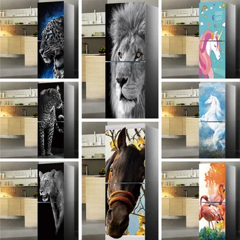 Обои с фото из ПВХ в виде арки Льва для холодильника, Самоклеящаяся водонепроницаемая наклейка на крышку, животное, Лошадь, Фламинго, домашний декор, Наклейка на дверь, Настенная роспись