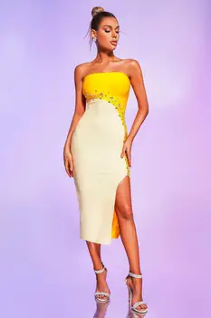 Летнее желтое женское сексуальное платье без рукавов с открытыми плечами, украшенное бисером, облегающее бандажное платье до середины икры, модное платье для вечеринки в ночном клубе 2023, Новое платье