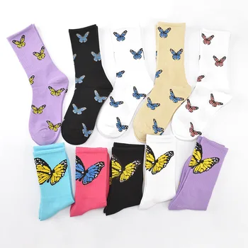 Новая пара женских носков Ins с надписью Butterfly, модные женские носки из чистого кутона в корейском стиле, демисезонные носки для экипажа для женщин