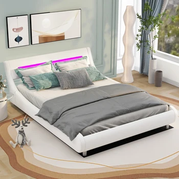 Низкопрофильная мягкая кровать-платформа со светодиодным изголовьем, белый размер Queen Size/в натуральную величину