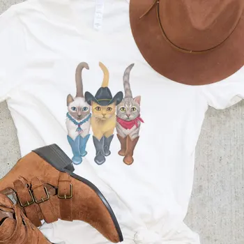 Женские винтажные футболки с ковбойскими кошками 90-х, Ковбойские футболки в стиле вестерн Ретро с техасским рисунком, футболки для любителей кошек, Милые забавные футболки, топы в стиле хиппи и бохо.