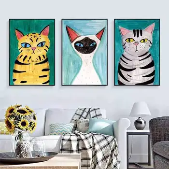 Картина для гостиной в скандинавском стиле, Картина маслом с Милым Забавным котом, Плакат, ресторан, спальня, Украшение дома