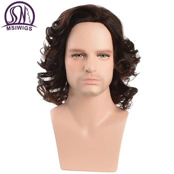 MSIWIGS Мужской парик средней длины, вьющиеся волосы темно-коричневого цвета, синтетические для мужчин