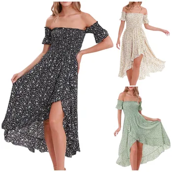 Одежда Женская Женская летняя повседневная юбка без бретелек с цветочным принтом, Свободное пляжное платье трапециевидной формы, женская летняя одежда Vestidos