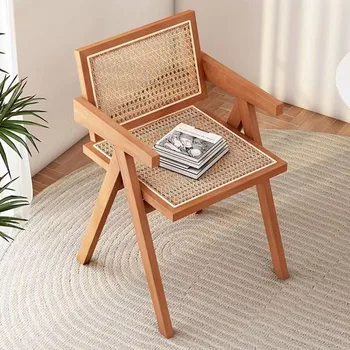 Обеденный стул из массива скандинавского дерева с настоящим / имитацией ротанга, Средневековый стул, дизайнерский ретро-подлокотник, кресло для отдыха, обеденный стол, стул