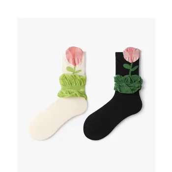 Женские носки с цветочным принтом, нишевые носки средней длины, весенне-осенние универсальные хлопковые носки в тонком сечении, носки Harajuku Kawaii