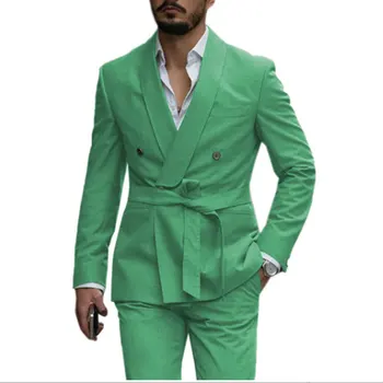 2023 Новый мужской костюм из двух частей с поясом, приталенный Корейский строгий костюм Большого размера, Зеленый, синий