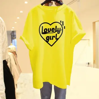 Женская удобная хлопковая летняя новая футболка с коротким рукавом неоново-желтого цвета, свободная футболка с принтом в виде сердца для прекрасной девушки, трендовые футболки Ins, розовые топы